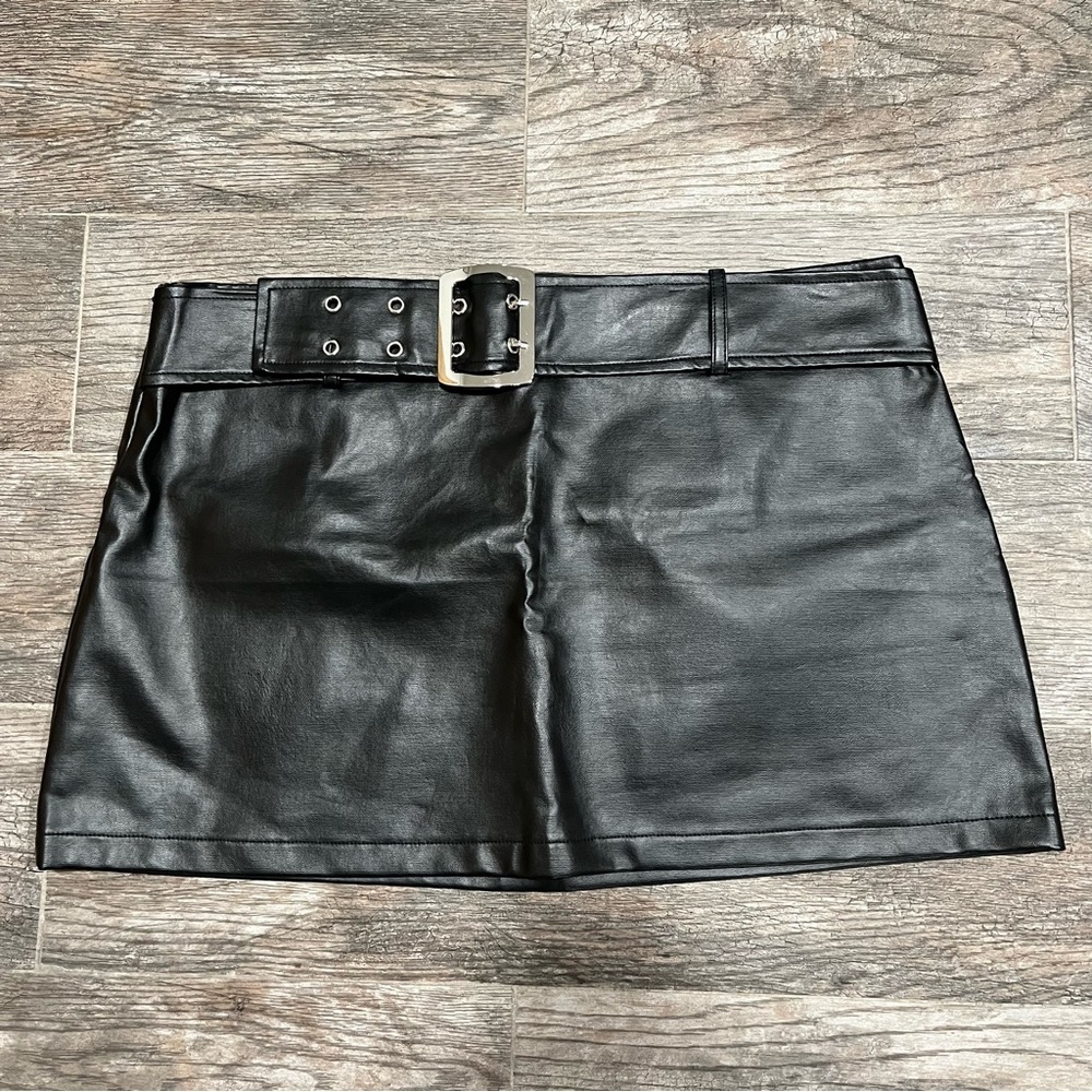 Black Faux Leather Mini Skirt with Belt